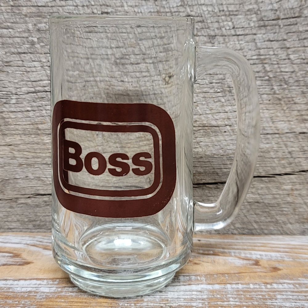Vintage Boss Glass Beer Mug Brown Square Logo With Handle Retro